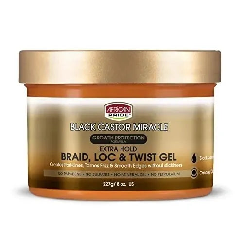 ~African Pride Black Castor Miracle Extra Hold Braid, Loc, Twist Gel, Tames Frizz & Edges, No Parabens, No Sulfates, No Mineral Oil, No Petrolatum, Contains Black Castor & Coconut Oil, 8 oz