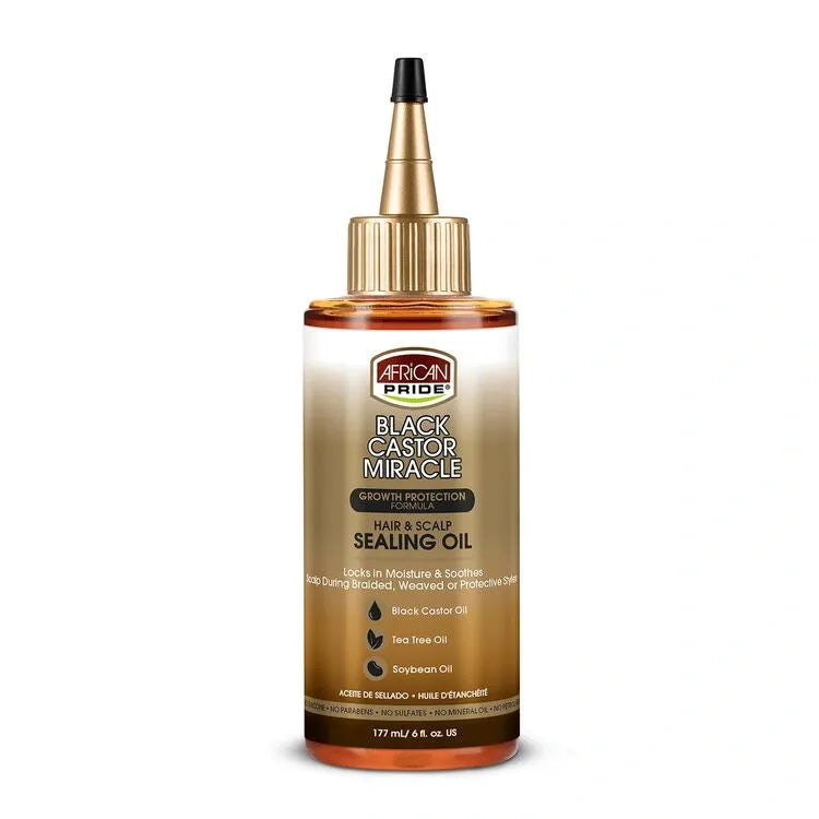 ~African Pride Castor Miracle Hair & Scalp Sealing Oil - Locks in Moisture & Soothes, Contains Black Castor Oil, Tea Tree Oil, Soybean Oil, 6 oBlack